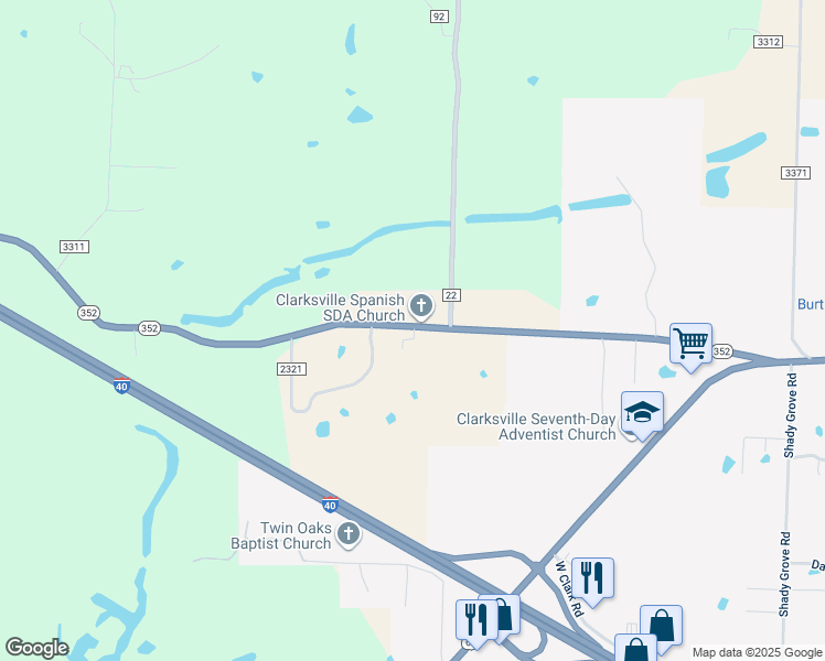 map of restaurants, bars, coffee shops, grocery stores, and more near 11537 Arkansas 352 in Clarksville