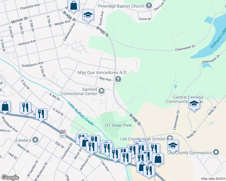 map of restaurants, bars, coffee shops, grocery stores, and more near 1598 South 7th Street in Sanford