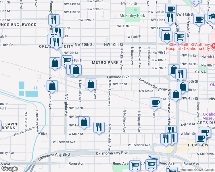 map of restaurants, bars, coffee shops, grocery stores, and more near 629 North Blackwelder Avenue in Oklahoma City