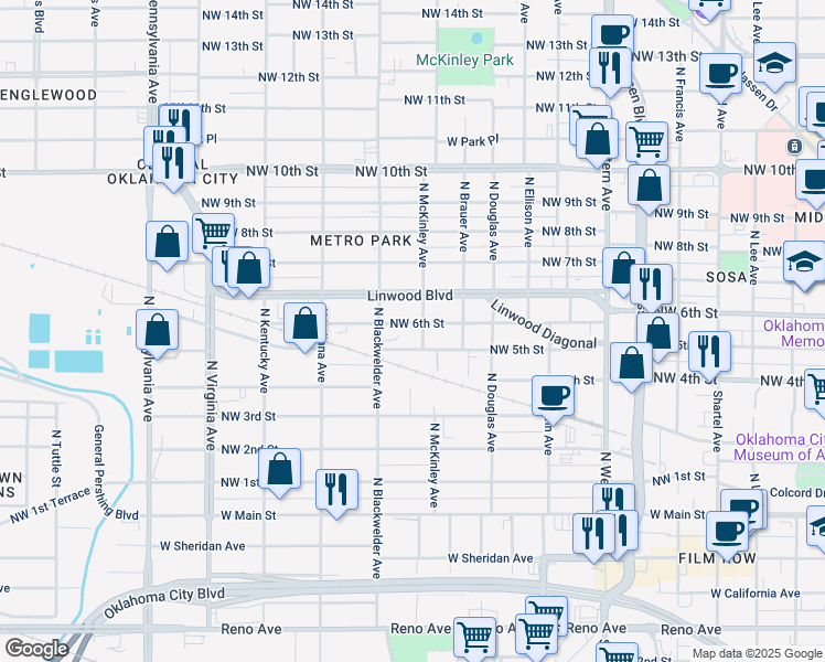 map of restaurants, bars, coffee shops, grocery stores, and more near 1612 Northwest 6th Street in Oklahoma City