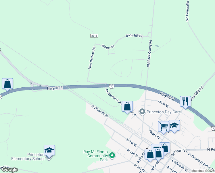 map of restaurants, bars, coffee shops, grocery stores, and more near 7650 US Highway 70 East in Princeton