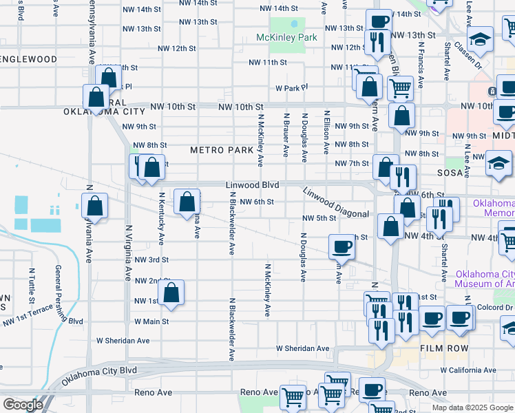 map of restaurants, bars, coffee shops, grocery stores, and more near 1612 Northwest 6th Street in Oklahoma City