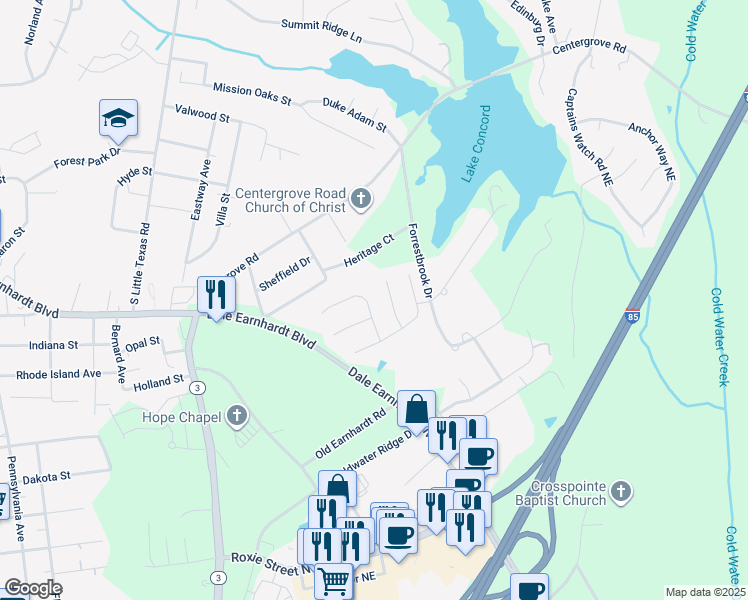 map of restaurants, bars, coffee shops, grocery stores, and more near 2428 Acadia Court in Kannapolis