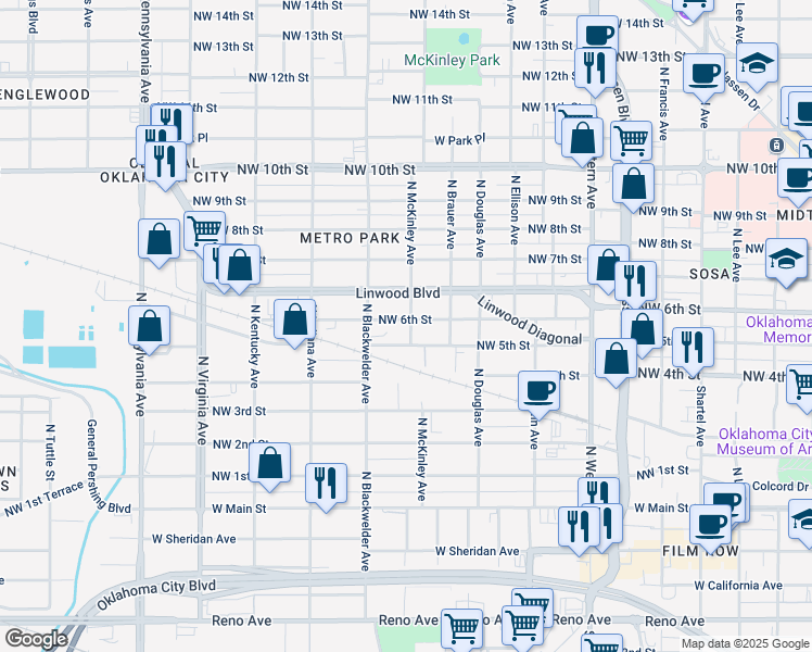 map of restaurants, bars, coffee shops, grocery stores, and more near 1612 Northwest 6th Street in Oklahoma City