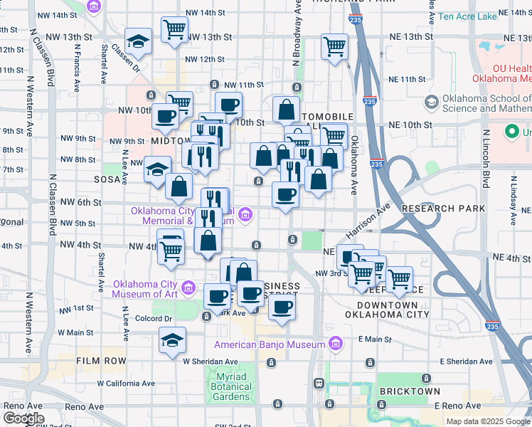 map of restaurants, bars, coffee shops, grocery stores, and more near 621 North Robinson Avenue in Oklahoma City