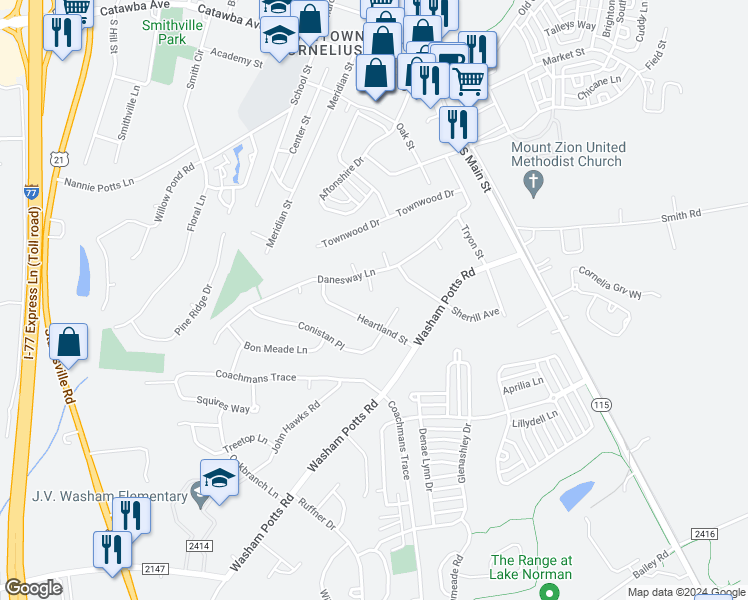 map of restaurants, bars, coffee shops, grocery stores, and more near 19600 Whilehaven Court in Cornelius