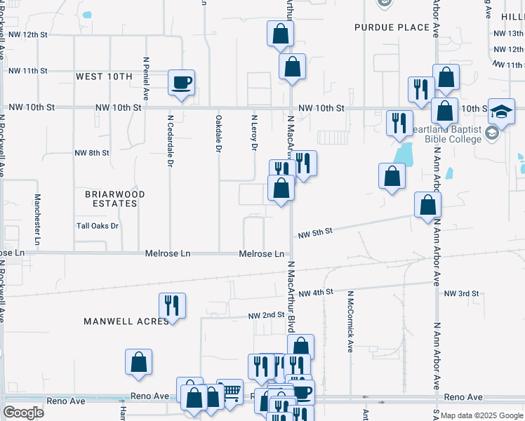 map of restaurants, bars, coffee shops, grocery stores, and more near 5933 Northwest 5th Street in Oklahoma City