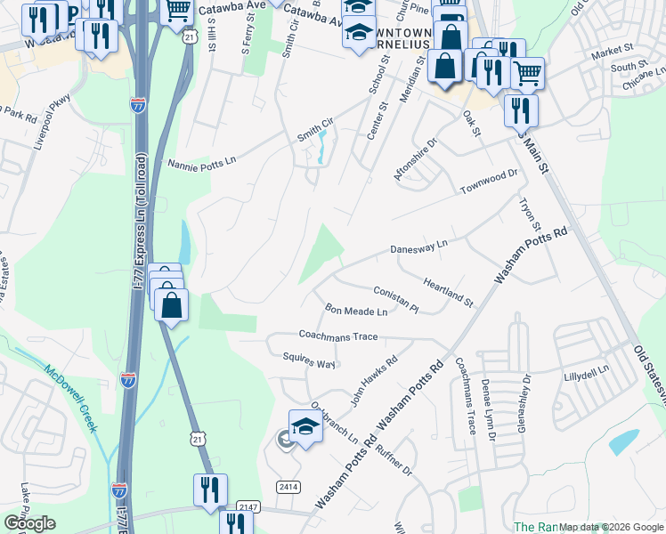map of restaurants, bars, coffee shops, grocery stores, and more near 10209 Conistan Place in Cornelius