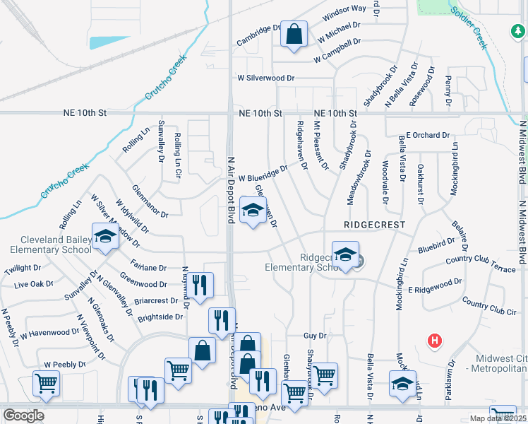 map of restaurants, bars, coffee shops, grocery stores, and more near 3405 Glenhaven Drive in Midwest City