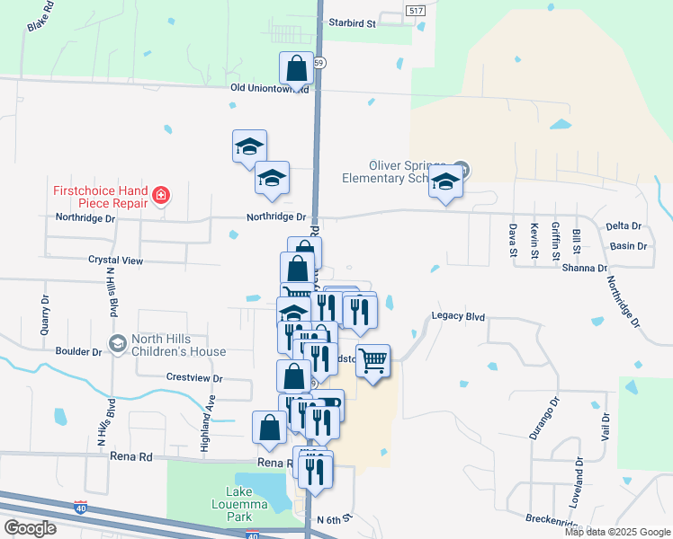 map of restaurants, bars, coffee shops, grocery stores, and more near 2502 Fayetteville Road in Van Buren