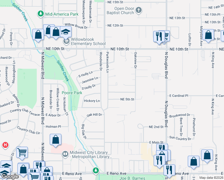 map of restaurants, bars, coffee shops, grocery stores, and more near 1312 Parkwoods Terrace in Midwest City