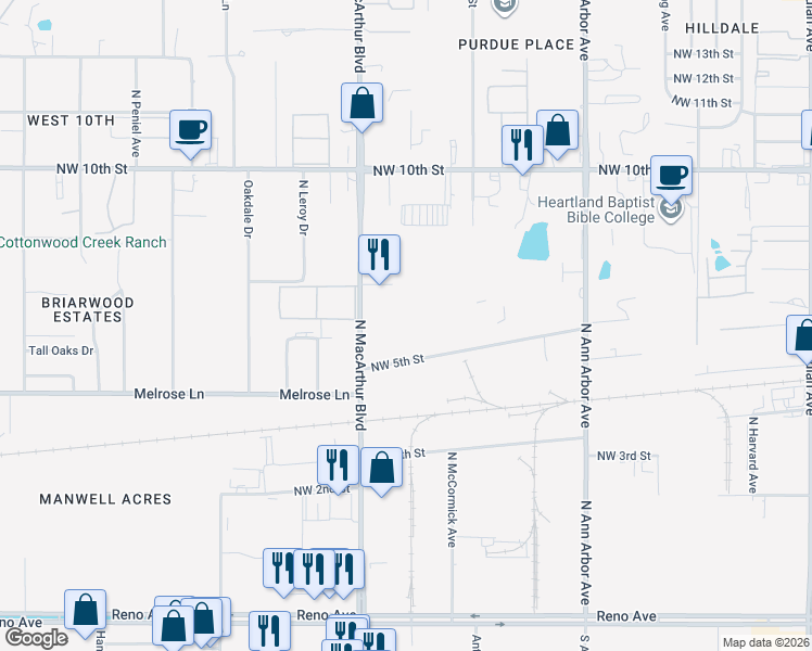 map of restaurants, bars, coffee shops, grocery stores, and more near 616 North Macarthur Boulevard in Oklahoma City