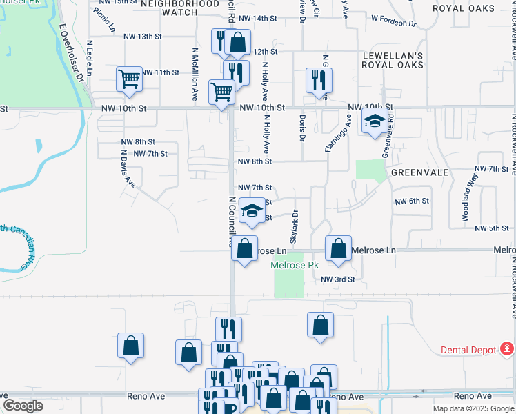 map of restaurants, bars, coffee shops, grocery stores, and more near 7821 Northwest 5th Street in Oklahoma City