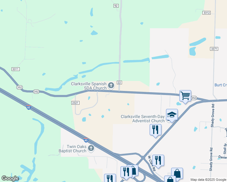 map of restaurants, bars, coffee shops, grocery stores, and more near 11537 Arkansas 352 in Clarksville