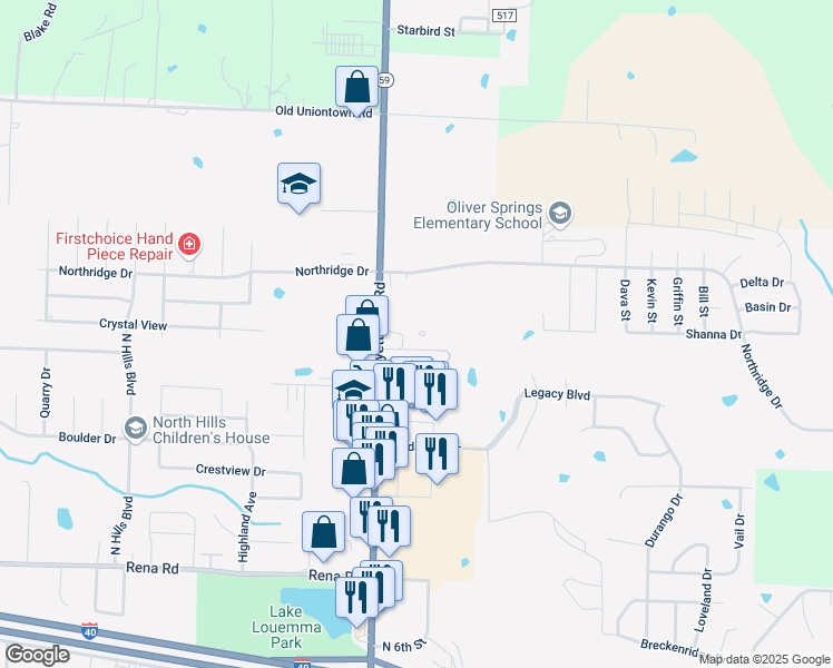 map of restaurants, bars, coffee shops, grocery stores, and more near 2502 Fayetteville Road in Van Buren