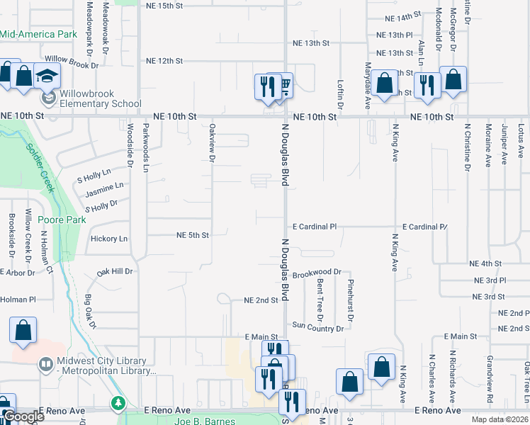 map of restaurants, bars, coffee shops, grocery stores, and more near 8900 Oak Valley Drive in Midwest City
