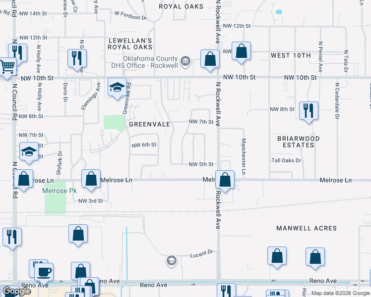 map of restaurants, bars, coffee shops, grocery stores, and more near 616 Woodland Way in Oklahoma City