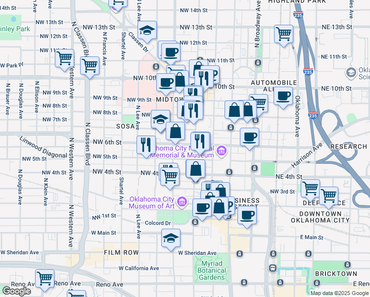 map of restaurants, bars, coffee shops, grocery stores, and more near 333 Northwest 5th Street in Oklahoma City