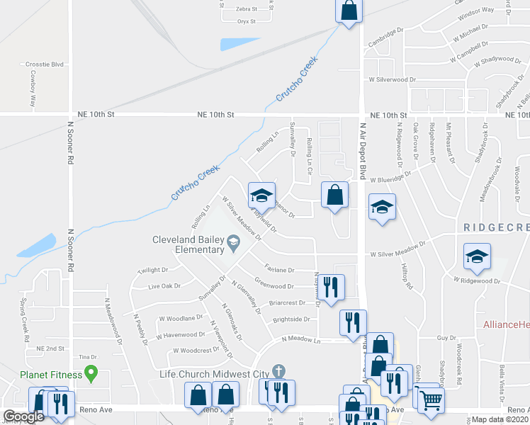 map of restaurants, bars, coffee shops, grocery stores, and more near 913 West Idylwild Drive in Midwest City