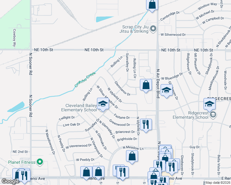 map of restaurants, bars, coffee shops, grocery stores, and more near 901 West Idylwild Drive in Midwest City