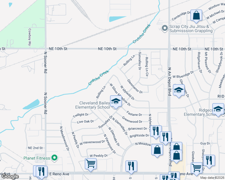 map of restaurants, bars, coffee shops, grocery stores, and more near 1004 West Silver Meadow Drive in Midwest City