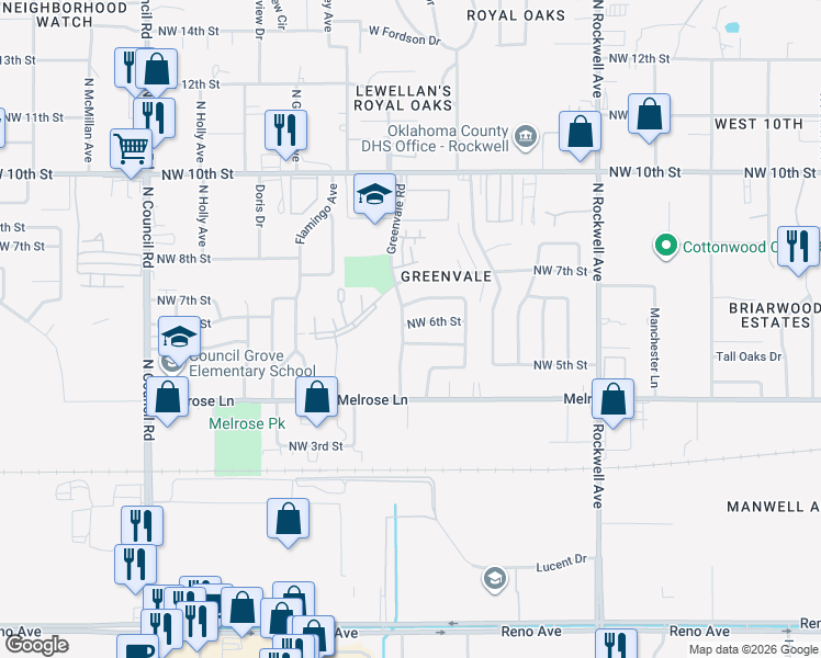 map of restaurants, bars, coffee shops, grocery stores, and more near 600 Greenvale Road in Oklahoma City