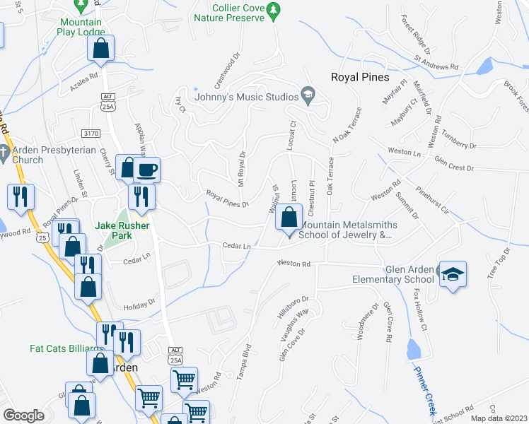 map of restaurants, bars, coffee shops, grocery stores, and more near 158 Walnut Street in Arden