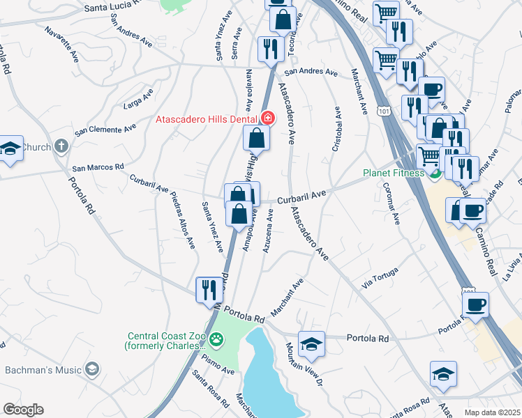 map of restaurants, bars, coffee shops, grocery stores, and more near 8015 Amapoa Avenue in Atascadero