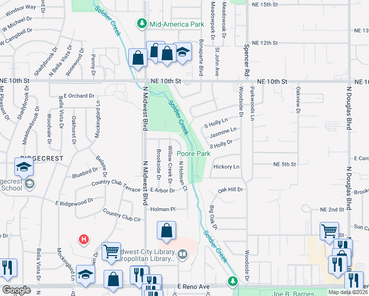 map of restaurants, bars, coffee shops, grocery stores, and more near 3424 North Holman Court in Midwest City