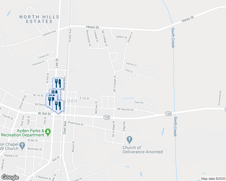 map of restaurants, bars, coffee shops, grocery stores, and more near 4116 Northeast College Street in Ayden