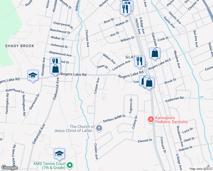 map of restaurants, bars, coffee shops, grocery stores, and more near Lowrance Avenue in Kannapolis