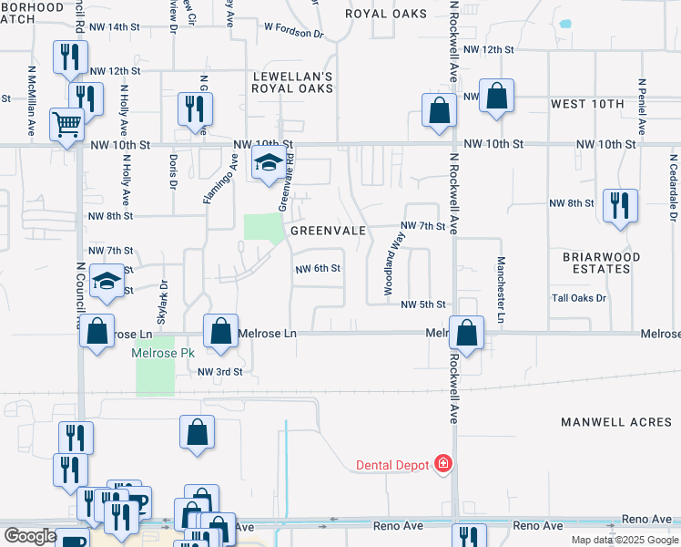 map of restaurants, bars, coffee shops, grocery stores, and more near 7413 Northwest 5th Terrace in Oklahoma City