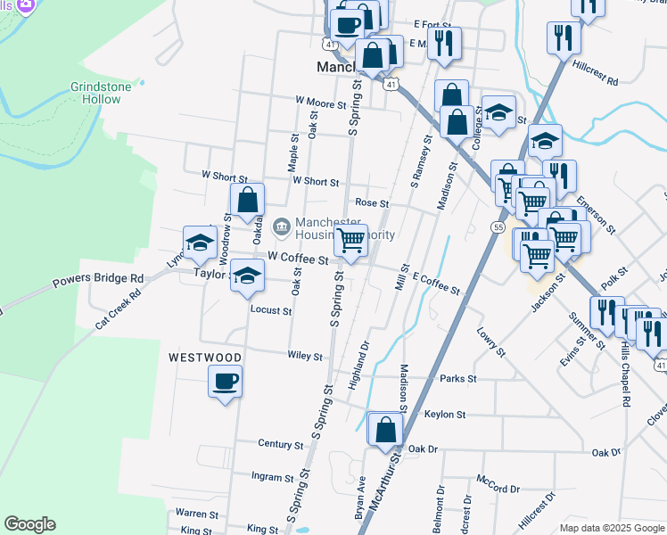 map of restaurants, bars, coffee shops, grocery stores, and more near 810 South Spring Street in Manchester