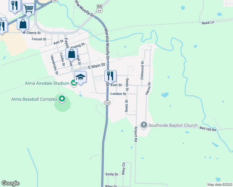 map of restaurants, bars, coffee shops, grocery stores, and more near 1198 South Street in Alma