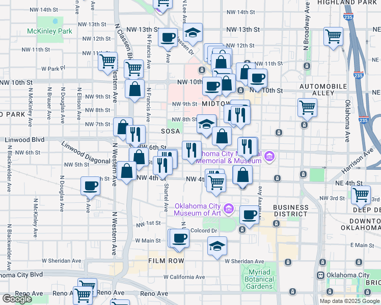 map of restaurants, bars, coffee shops, grocery stores, and more near 627 Northwest 5th Street in Oklahoma City