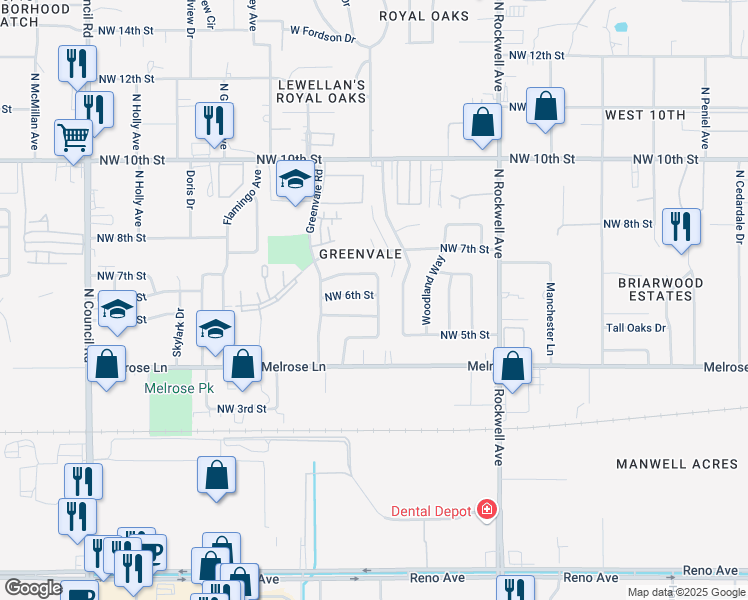 map of restaurants, bars, coffee shops, grocery stores, and more near 7413 Northwest 5th Terrace in Oklahoma City