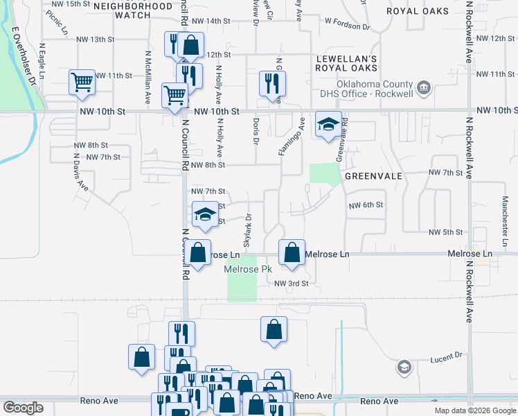 map of restaurants, bars, coffee shops, grocery stores, and more near 600 Skylark Drive in Oklahoma City