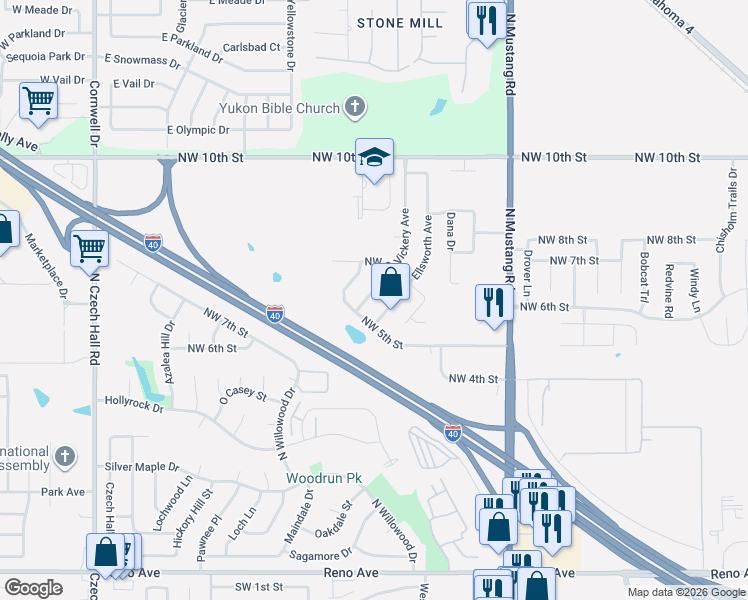 map of restaurants, bars, coffee shops, grocery stores, and more near 600 Vickery Avenue in Yukon
