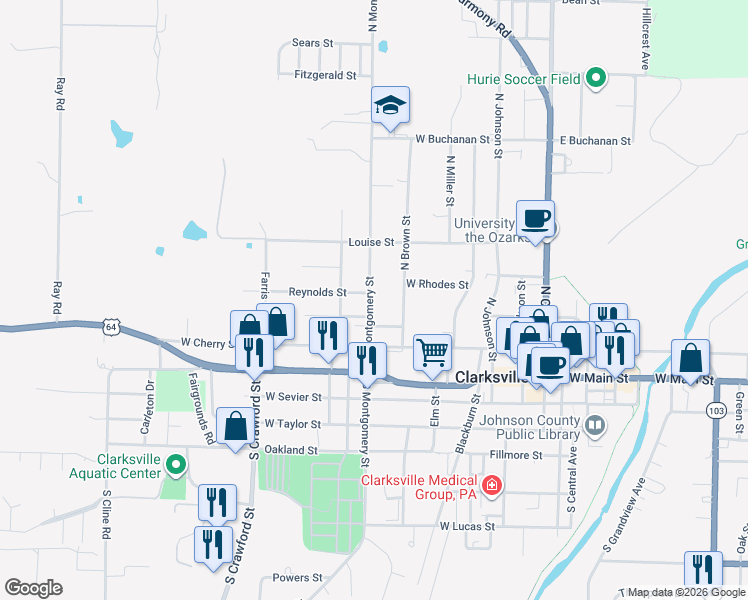 map of restaurants, bars, coffee shops, grocery stores, and more near 305 North Montgomery Street in Clarksville