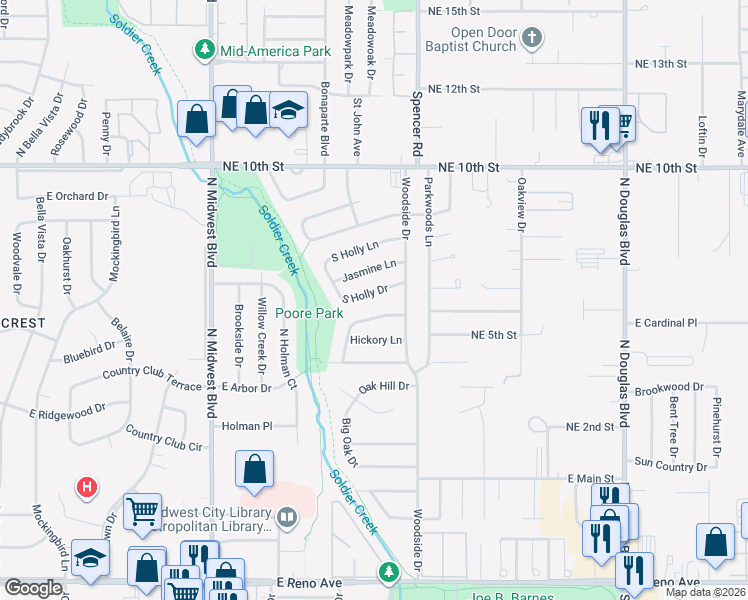 map of restaurants, bars, coffee shops, grocery stores, and more near 1101 Sycamore Drive in Midwest City