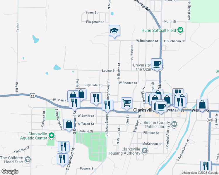 map of restaurants, bars, coffee shops, grocery stores, and more near 305 North Montgomery Street in Clarksville