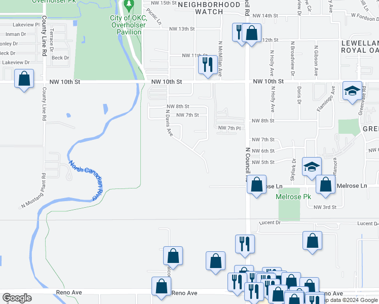 map of restaurants, bars, coffee shops, grocery stores, and more near 533 North Davis Avenue in Oklahoma City