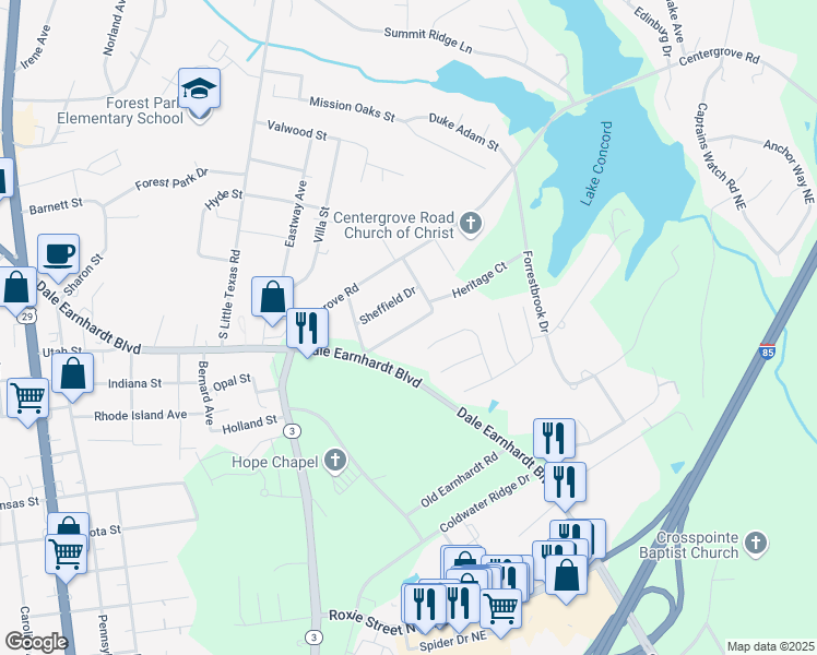 map of restaurants, bars, coffee shops, grocery stores, and more near 2147 Windermere Drive in Kannapolis