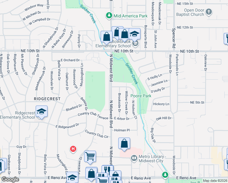 map of restaurants, bars, coffee shops, grocery stores, and more near 3501 Brookside Drive in Midwest City