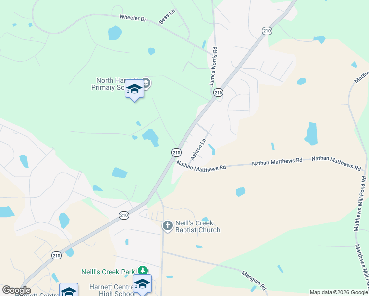 map of restaurants, bars, coffee shops, grocery stores, and more near 61 Ashton Lane in Angier