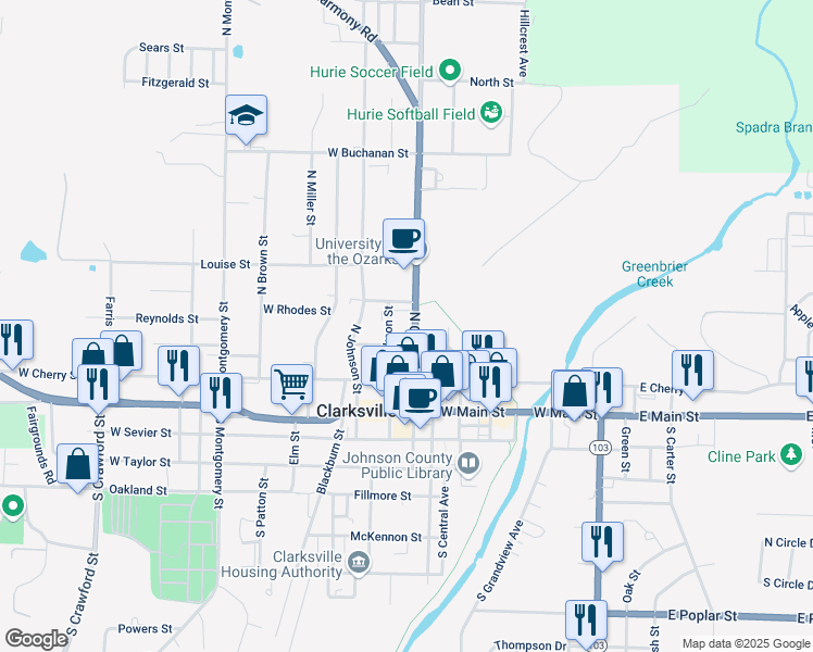 map of restaurants, bars, coffee shops, grocery stores, and more near 301-399 North College Avenue in Clarksville