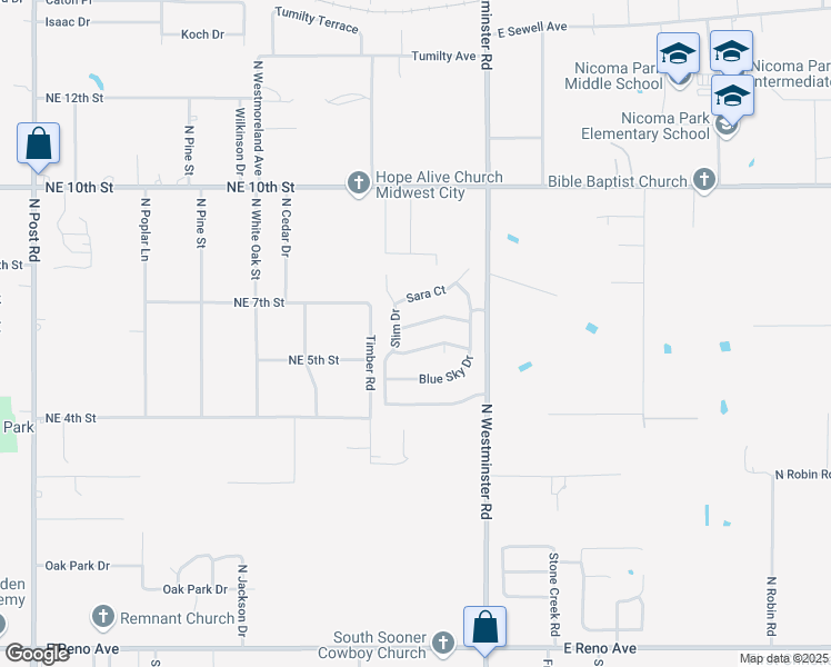 map of restaurants, bars, coffee shops, grocery stores, and more near 10818 Garrett Cole Drive in Midwest City