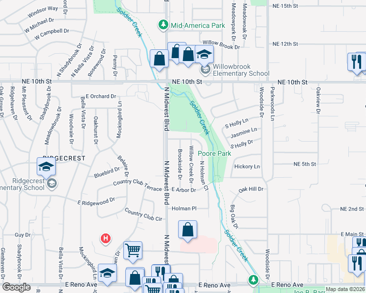 map of restaurants, bars, coffee shops, grocery stores, and more near 3501 Brookside Drive in Midwest City