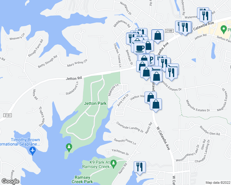 map of restaurants, bars, coffee shops, grocery stores, and more near 19048 Natalie Michelle Lane in Cornelius