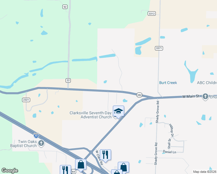 map of restaurants, bars, coffee shops, grocery stores, and more near 1194 Arkansas 352 in Clarksville